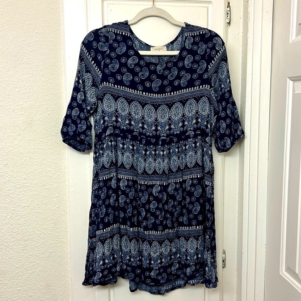 Everly Blue White Paisley Dress Size Small Boho Summer Dress Beach Spring Countr